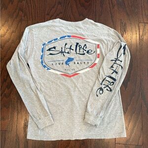 Salt Life Live Salty Men’s Gray Cotton Long Sleeve T-Shirt Small Patriotic Print